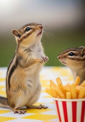Fototapeta premium Playful Chipmunks On Yellow Checkered Table With Fries In Outdoor Setting