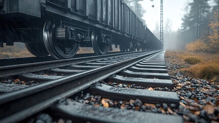 Obraz premium Gray cargo train glides along industrial railway tracks amidst towering cranes in daylight