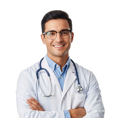 Fototapeta premium Smiling male physician wearing a white lab coat and stethoscope with arms crossed isolated on transparent background