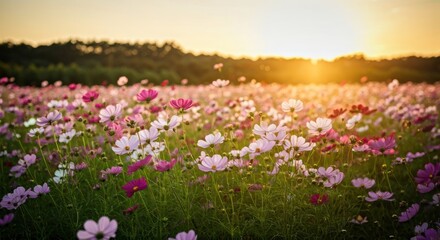 Fototapeta premium Field of pink, white, and red flowers with a warm sunrise in the background
