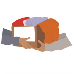 hand over clothing donation boxes. Hands hand over a donation box with clothes