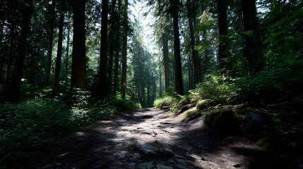 Fototapeta premium A sun d d forest trail winds through a dense woodland with light rays illuminating the path ahead