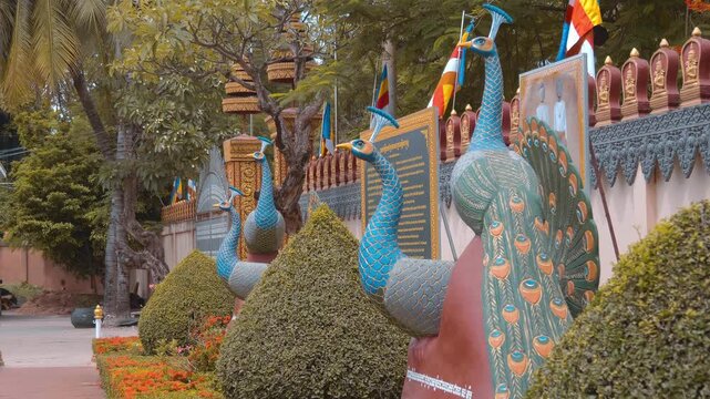 Statues of beautiful blue peacocks placed alongside cone shaped bushes. Buddhist flags flatter on the background wall of Wat Preah Prom Rath temple in Siem Reap, Cambodia. Shot in motion