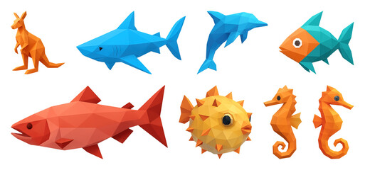 Naklejka premium PNG Colorful geometric marine animals, element set on transparent background