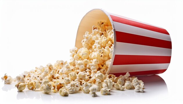 freshly popped popcorn spilling out of a classic red and white striped container isolated on a white background