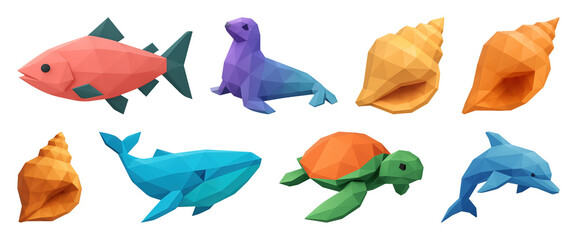 PNG Colorful geometric marine animals, element set on transparent background