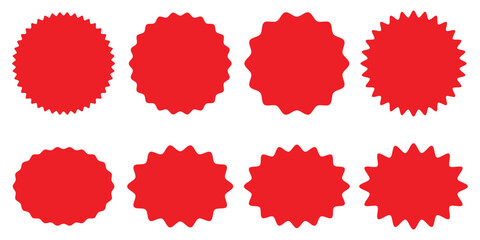Set of sale sticker, price tag, starburst, sunburst badges, quality mark, sunburst badges, retro stars. Wavy edge. Star burst shape. Promo stickers with star edges. Sale or discount badge icon.