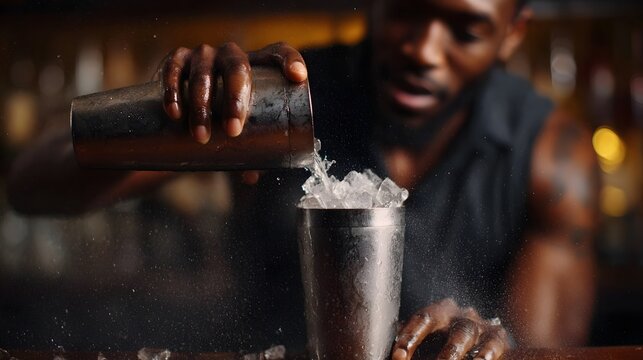 A skilled bartender pours a cocktail with ice from a shaker into a glass at a bar