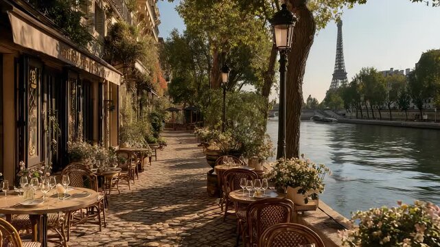 Charming Parisian Cafe Scene Along the Seine River with Eiffel Tower View on a Sunny Day, Outdoor Dining