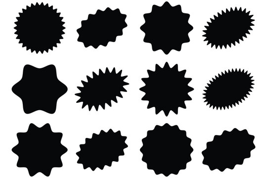 Set of black star burst shape tags for price. Circle sticker. Wavy edge promo badges. Blank sale stickers collection. Design elements of Price sticker, sale sticker, starburst, quality mark, retro.