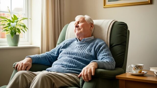 An elderly man relaxes in an armchair with a blanket, a plant, and a cup of tea