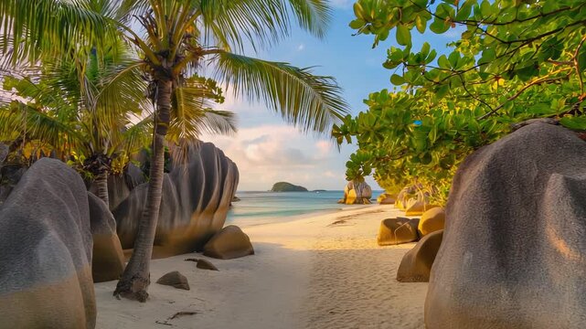 Anse Source d'Argent Beach, La Digue, Seychelles: Granite Boulders, Palm Trees, White Sand, and Turquoise Ocean View