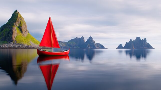 A vibrant red sailboat gliding peacefully through tranquil waters near rocky islands under a bright blue sky