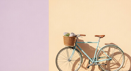 パステル壁に寄り添うミント色のシティバイク