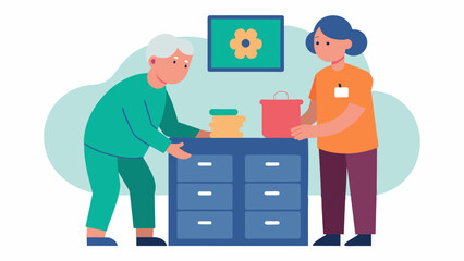 A caregiver being taught how to create a safe environment for seniors with dementia including removing potential hazards and implementing memory aids such as labeling drawers and. Vector illustration