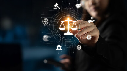 Futuristic digital law interface displaying justice scale, highlighting digital law, AI compliance, digital law systems, and digital law regulations for secure governance. Spline