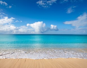 Fototapeta premium a serene beach scene featuring golden sand turquoise waters and fluffy clouds under a bright blue sky evoking relaxation and tranquility