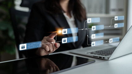 Blockchain structure showing distributed data blocks linked with encryption, representing secure transaction verification, decentralized control, and immutable record system Latch