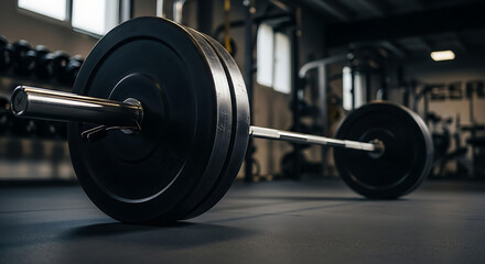 Close-up view of a heavy barbell with weight plates in a gym, ready for a workout session