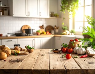 Sunlit Kitchen with Wooden Table and Fresh Vegetables Arrangement