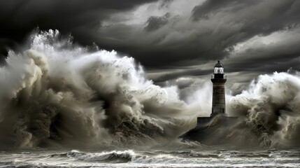 Lighthouse Surrounded by Stormy Waves and Dark Clouds in Rough Seascape