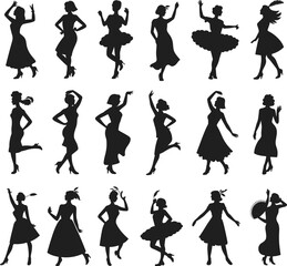 Set of 20 Elegant Female Silhouette Dance Poses in Vintage Style for Fashion, Movement, Grace, Retro, and Vector Design Use