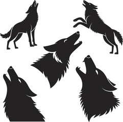 Set of Five Black Wolf Silhouettes in Howling and Jumping Poses for Wildlife, Animal Behavior, Nature, and Vector Design Use