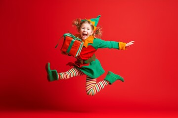 Cheerful Little Elf Jumping with Gift on Red Background