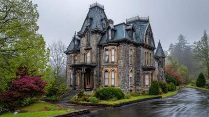 Obraz premium Historic mansion in a misty morning.