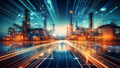 a striking double exposure image featuring an industrial factory overlayed with a digital traffic light creating a futuristic and technological background