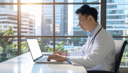 Healthcare Professional Working Laptop Bright Modern Office