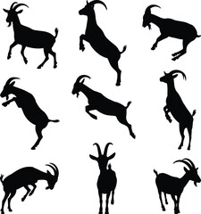 Set of Nine Dynamic Goat Silhouette Icons in Various Poses for Farm Animal, Wildlife, Nature, and Graphic Design Use