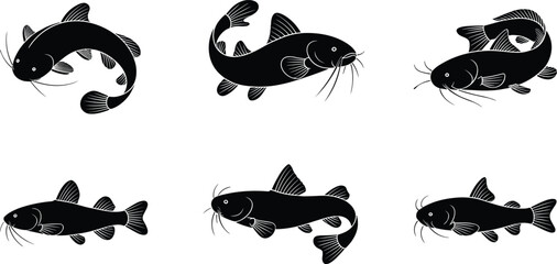 Set of Six Black Catfish Silhouettes in Various Swimming Poses for Aquatic Animal, Fishing, Nature, Wildlife, and Vector Design Use