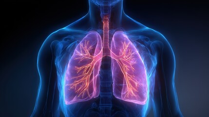 Human body with translucent glowing lungs and visible trachea anatomy illustration.