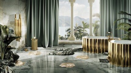 Luxurious Modern Bathroom with Gold Bathtubs Large Windows Green Curtains and Natural Light