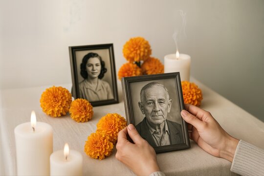 Day Of The Dead Altar With Marigolds, Framed Photos, And Lit Candles Focused On Remembrance Indoors With Hands Gently Holding A Portrait