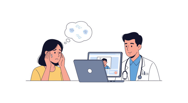 Worried patient seeks medical advice online during remote consultation, highlighting telehealth convenience and emotional support