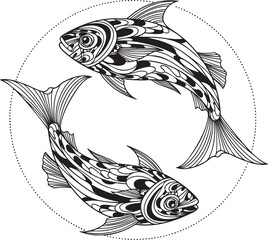 Intricate black and white line art of two ornamental fish swimming in a circular Pisces formation.