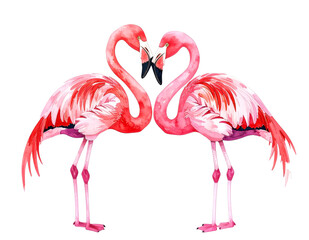 Obraz premium Pink Flamingo's Love: Two graceful pink flamingos forming a heart shape with their necks. A lovely representation of affection, with a clean and simple aesthetic.