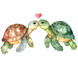 Obraz premium Turtle's Embrace: Two charming turtles share a tender moment, their heads touching beneath a floating heart, evoking a sense of gentle affection and connection.