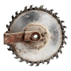 Close-up of a circular saw blade, heavily used with visible wear & tear, mounted. The metal is aged & soiled