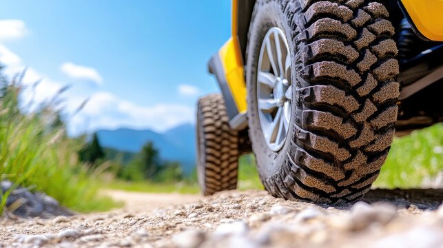 Exploring the rugged desert trail in a yellow buggy under a vibrant blue sky on a sunlit day