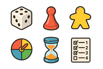 Set of classic board game components featuring a six-sided die, player pawns, spinner, timer, and score sheet © Mark