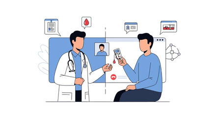 Virtual healthcare consultation showing doctor and patient discussing blood test results and remote diagnosis with digital tools