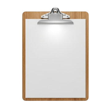 A realistic wooden clipboard with a blank white sheet of paper and a silver clip isolated on transparent background
