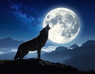 Fototapeta premium Loup hurlant à la pleine lune – paysage nocturne et mystère sauvage
