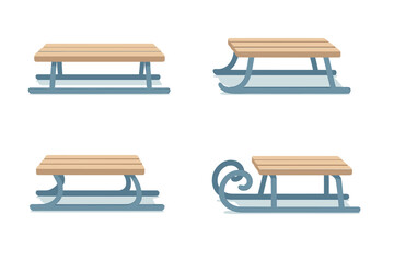 Different styles of classic wooden sleds with blue metal runners for winter recreation