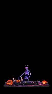Seamless vertical video of a DJ skeleton with vinyls, turntables, records and dj booth isolated with alpha channel. Funny halloween background.