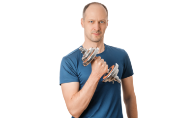 Man in blue shirt holding dumbbell in fitness pose. Dumbbell in his right hand.