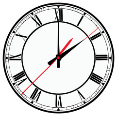 Classic analog clock face with black Roman numerals and red second hand
